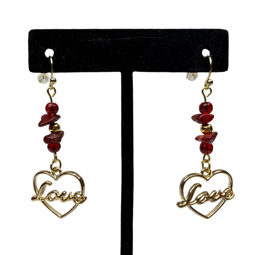 18K Gold Hooks Red Agate Stone Gold Tone Love Heart Dangle Drop Earrings Jewelry